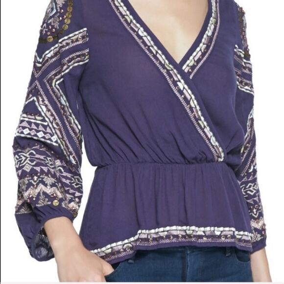 Free People Sequins Blouse Women Sz S Purple  Embroidered Long Puff Sleeves Boho - Picture 4 of 15